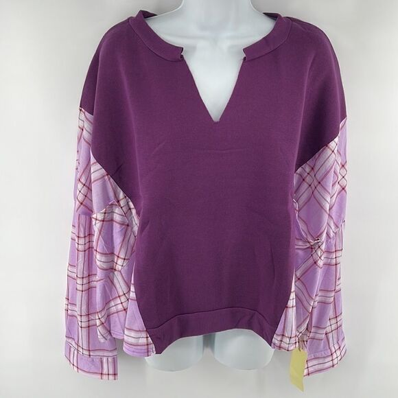 Paper + tee patchwork sweatshirt top blouse NEW NWT 3X plaid purple long sleeve - Picture 2 of 11